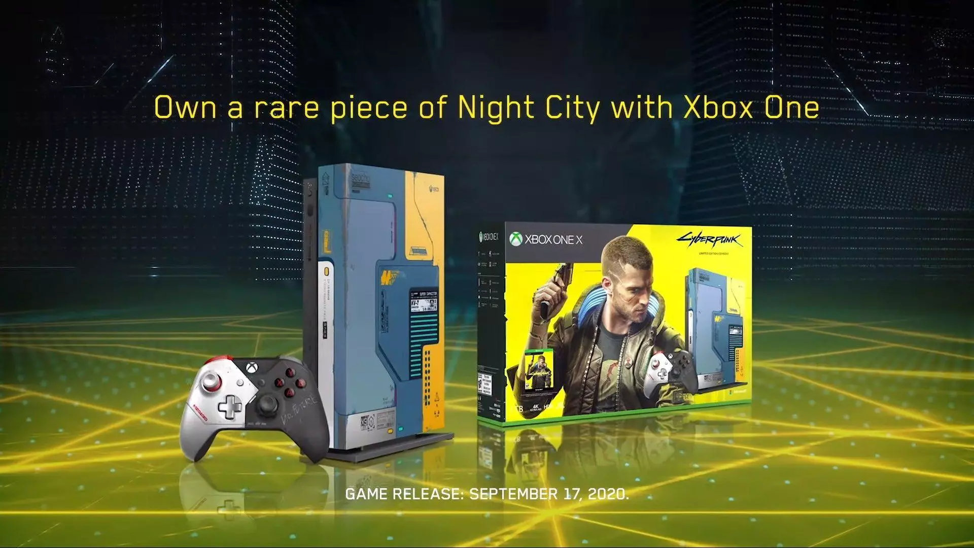 Cyberpunk 2077 Xbox One X Bundle, предлагает "редкий кусочек ночного города" в своем индивидуальном дизайне, вдохновленном грядущей RPG от CD Projekt RED.