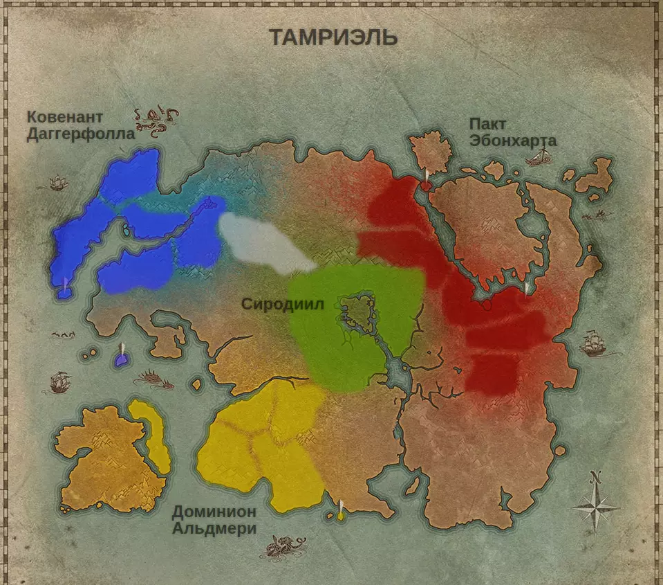 Карта Тамриэля из The elder scrolls Online. Для игроков доступны практически все локации Тамриэля, вне зависимости от расы.
